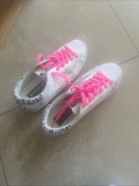 Golden Goose White Leopard Print Sneakers with Pink Laces